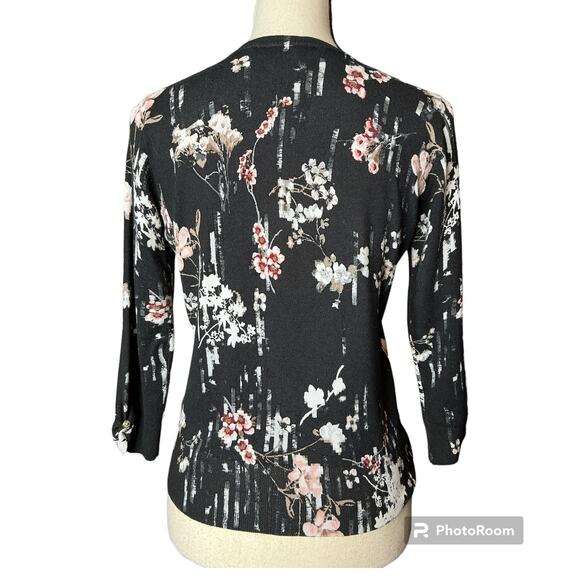 White House Black Market Cardigan Sweater Size S in Black w/Pink White Floral - Picture 4 of 8